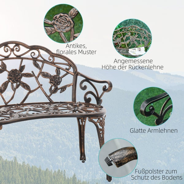 Antike Gartenbank aus Metall mit Rosenmuster, ergonomischer Rückenlehne, glatten Armlehnen und bodenschonenden Fußkappen.