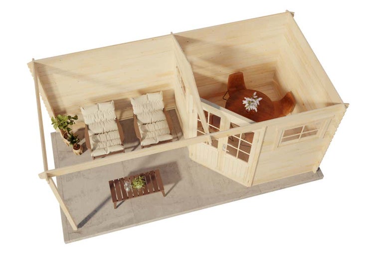 Holzgartenhaus mit zwei Liegen, einem Tisch und Dekoration