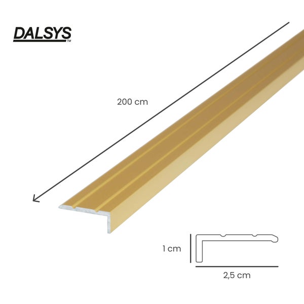 DALSYS Logo. DALSYS Treppenkantenprofil aus Aluminium in Gold, Länge 200 Zentimeter, Breite 2,5 Zentimeter, Höhe 1 Zentimeter.