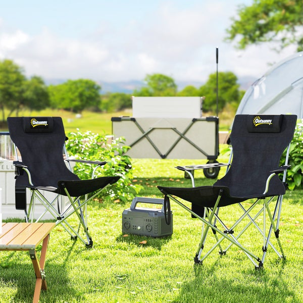 Outsunny 2er Set Campingstuhl faltbar Angelstuhl mit abnehmbar Fußstütze Getränkehalter Kopfstütze Gartenstuhl belastbar 120 kg Liegestuhl für Erwachsene Klappstuhl Strandstuhl Campingstühle