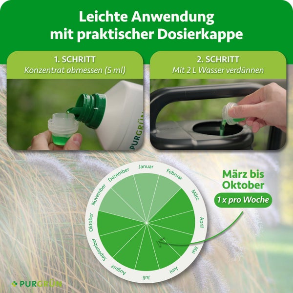Anleitung zur Anwendung von Purgruen Pflanzenduenger mit Dosierkappe und jahreszeitlichem Anwendungsplan.