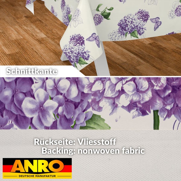 Wachstuch Tischdecke mit Hortensien und Schmetterlingen, Schnittkante, Rückseite aus Vliesstoff, ANRO Deutsche Manufaktur Logo