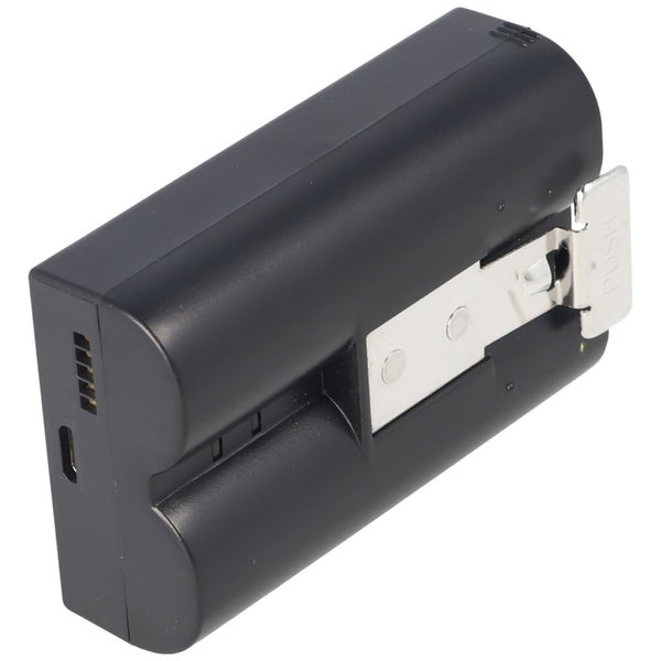 Wiederaufladbarer Akkupack für Elektrowerkzeuge mit Metallclip, Kontaktstiften und USB-C-Ladeanschluss.