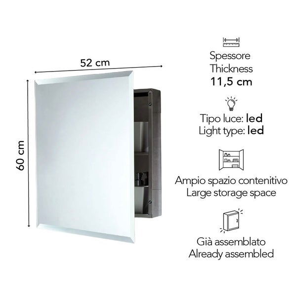 Spiegelschrank fürs Badezimmer mit LED-Beleuchtung, Breite 52 Zentimeter, Höhe 60 Zentimeter, Tiefe 11,5 Zentimeter, bereits montiert.