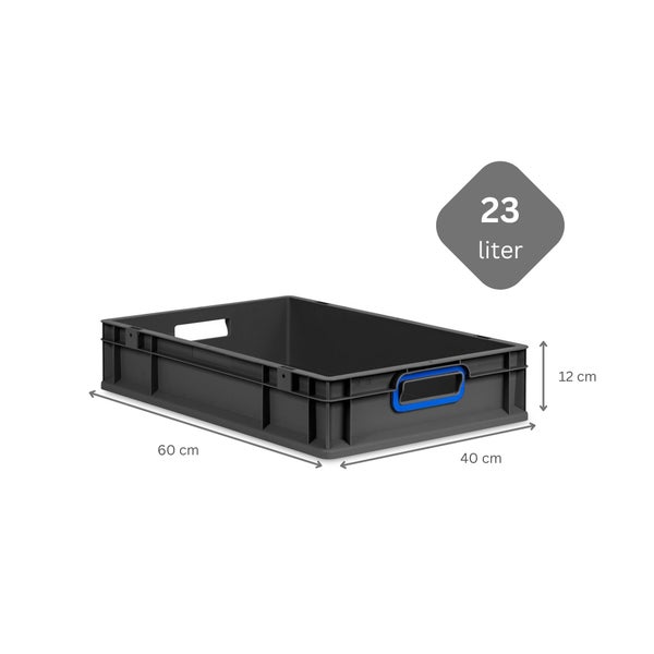 PROREGAL SuperSparSet 5x Eurobox NextGen Color mit Scharnierdeckel und Schiebeschnappverschlüssen, HxBxT 12x40x60cm, 23 Liter, Schwarz, Griffe blau offen, Eurobehälter, Transportbox, Transportbehälter, Stapelbehälter
