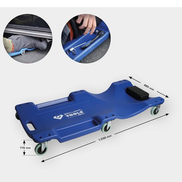 Blaue Werkstattliege mit Kopfpolster, 6 Rollen und Werkzeugfächern. Maße 1030 mal 480 mal 115 Millimeter. Brilliant Tools Logo.