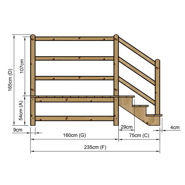 Technische Zeichnung eines Holztreppengeländers mit Maßangaben