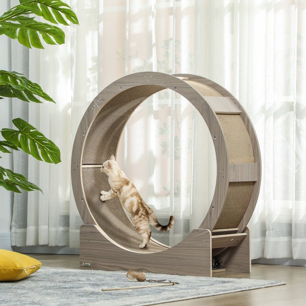 PawHut Katzenlaufrad Laufrad für Katzen 91 cm mit Bremse, Kratzbrett, Katzenrad für gesunde Bewegung, Entspannung, Walnuss