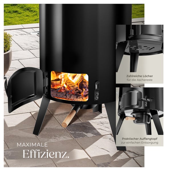 Schwarzer Gartenkamin mit Holzfeuer und Aschenauffang