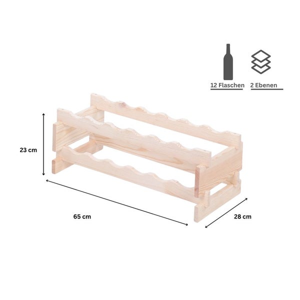 Weinregal VINOTECA FLEX PRO HxBxT 23x65x28cm 12 Flaschen auf 2 Ebenen Massives Kiefernholz Natur unbehandelt