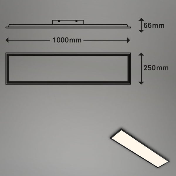 Abbildung der Abmessungen einer LED-Deckenleuchte, 1000 mm lang und 250 mm breit