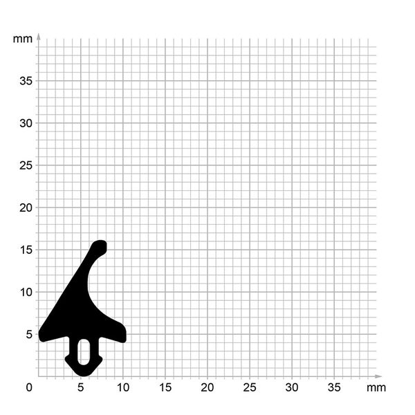 Querschnittsprofil einer Gummidichtung mit Maßangaben auf Millimeterpapier.