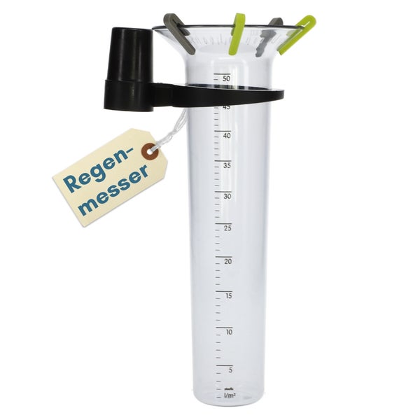 Regenmesser aus Kunststoff mit Halterung und Messskala