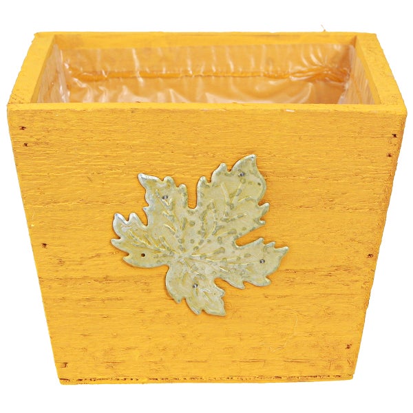 Quadratischer Pflanztopf aus Holz mit Blattapplikation