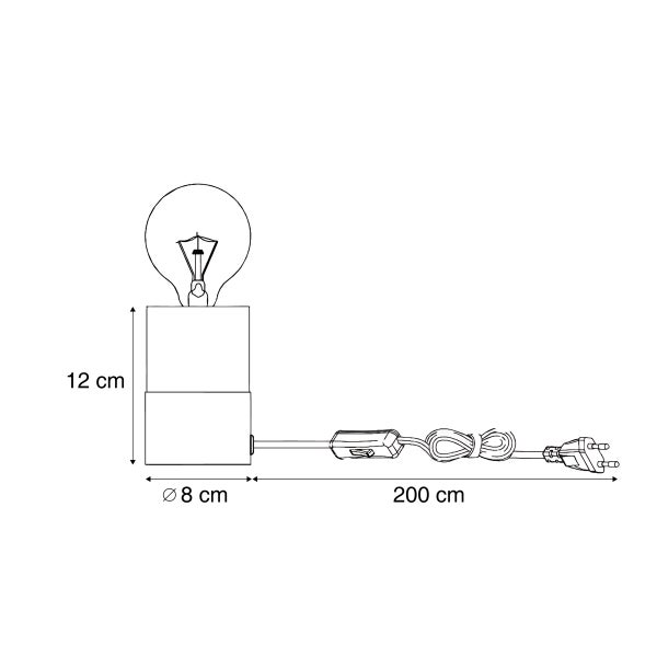 Skizze einer Tischleuchte mit Maßen: Höhe 12 cm, Durchmesser 8 cm und Kabellänge 200 cm inklusive Schalter und Stecker.