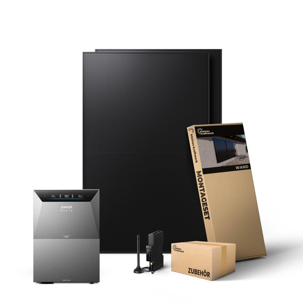 Komplettset Balkonkraftwerk mit zwei Solarmodulen, Anker Solix Solarbank, Kleines Kraftwerk Wandmontageset und Zubehör.