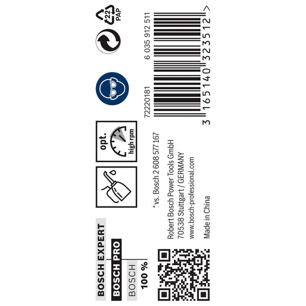 Produktverpackungsdetails mit Informationen zu hoher Drehzahl, Öl und Recyclinghinweisen