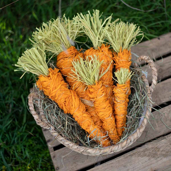 Dekorative Möhren aus Stroh und Raffia in einem geflochtenen Korb auf Heu.