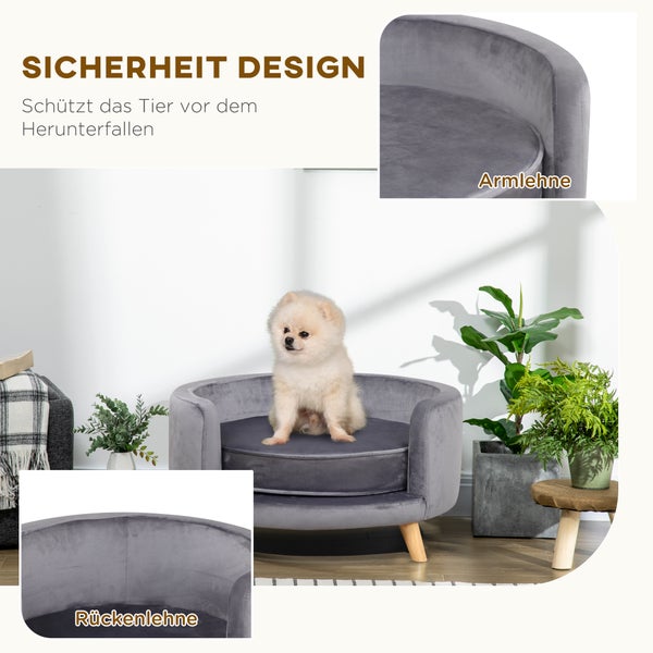 PawHut Hundesofa, Haustiersofa mit Samtoptik, Katzensofa mit Kissen, Hundebett, Hundecouch mit Erhöhtem Design, Hundesessel mit Holzbeine, Grau, 68 x 68 x 35 cm