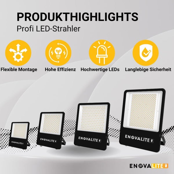 Produktbild von Enovalite LED Strahlern mit den Produktvorteilen flexible Montage, hohe Effizienz, hochwertige LEDs und langlebige Sicherheit.