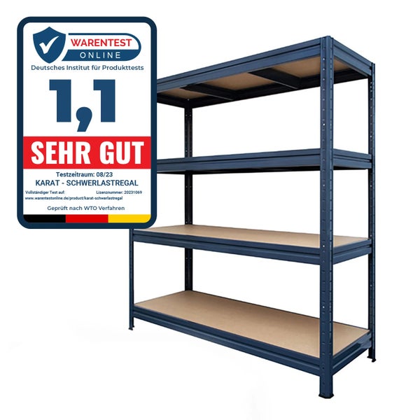 Blaues Karat Schwerlastregal mit vier Fachböden aus Holzwerkstoff, Warentest Online Bewertung eins Komma eins sehr gut.