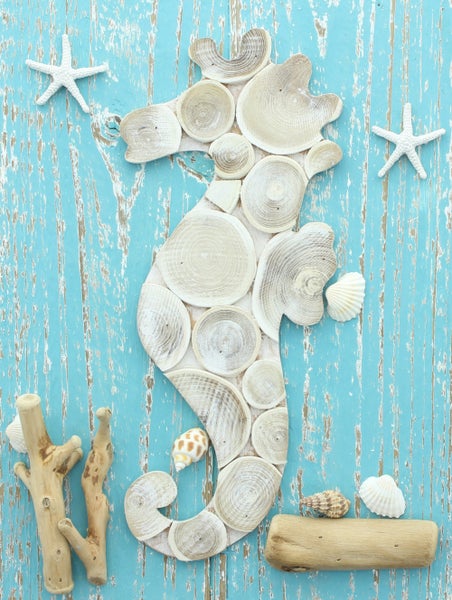 FRANK FLECHTWAREN | Holzbild Seepferdchen, HOLZ, MUSCHELN, 28 x 5 x 38 cm