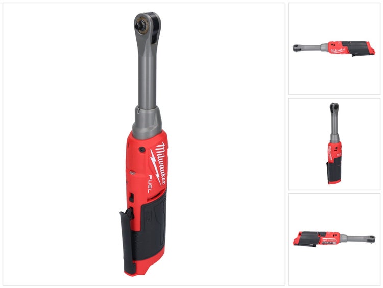 Milwaukee M12 FUEL Akku-Ratschenschrauber mit langem Hals in verschiedenen Ansichten, Milwaukee Logo.