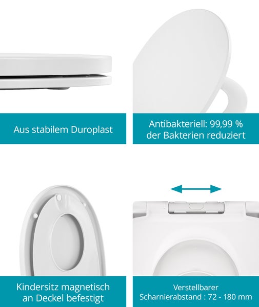 Produktmerkmale eines WC Sitzes aus Duroplast mit antibakterieller Oberfläche, integriertem Kindersitz und verstellbarem Scharnierabstand.
