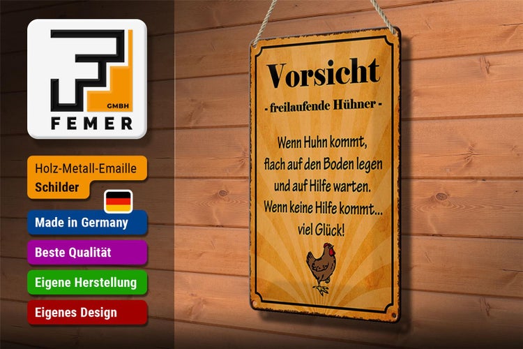 Blechschild Spruch 20x30cm Vorsicht freilaufende Hühner
