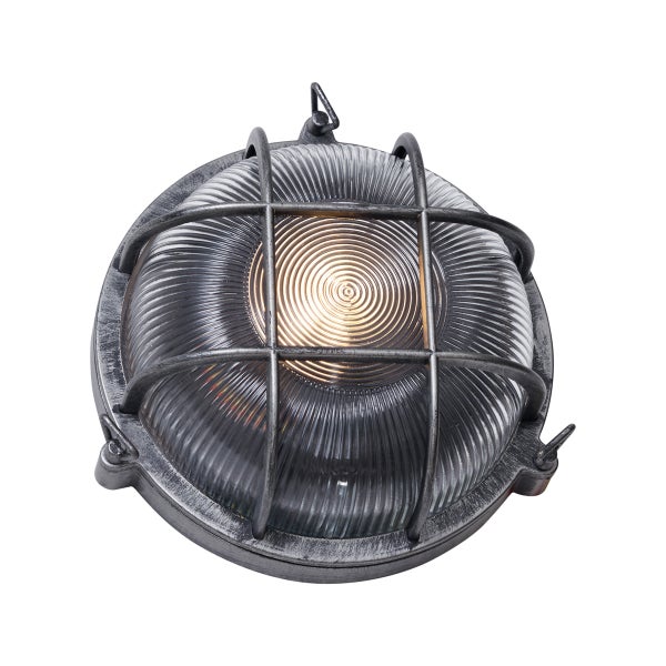 Runde Außenleuchte im Industrial-Design mit Metallgitter und geriffeltem Glas, silberfarben antik.