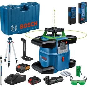 Bosch Professional Rotationslaser Set inklusive Stativ, Empfänger, Akkus, Ladegerät und Transportkoffer für präzise Nivellierarbeiten auf dem Bau.