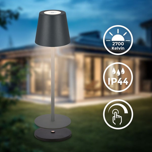 Tischlampe - 3W, 300lm, akku, led, dimmbar, warmweiß, anthrazit