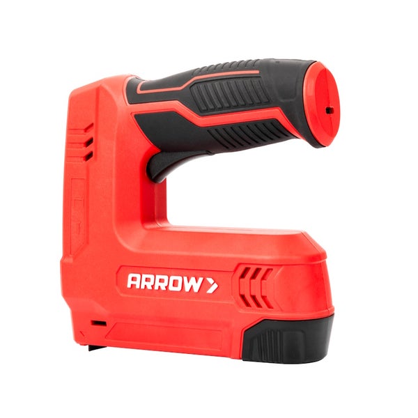 Arrow Akku-Tacker mit ergonomischem Handgriff in Rot und Schwarz.