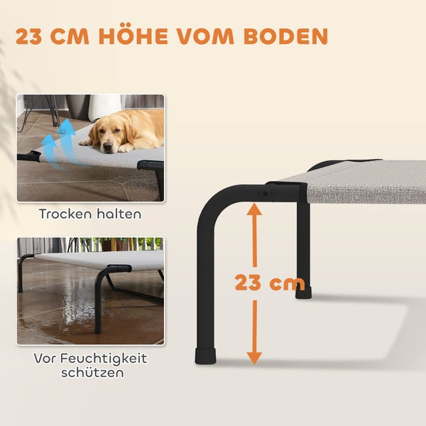 Erhöhtes Hundebett mit 23 Zentimeter Bodenabstand für Luftzirkulation und Schutz vor Feuchtigkeit auf einem Metallgestell.
