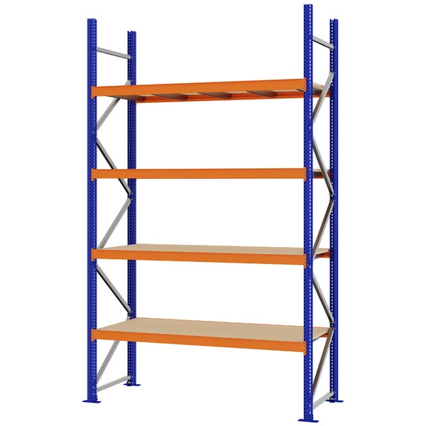 Schwerlastregal aus Metall mit vier Holzböden, blauen Rahmen und orangefarbenen Traversen.