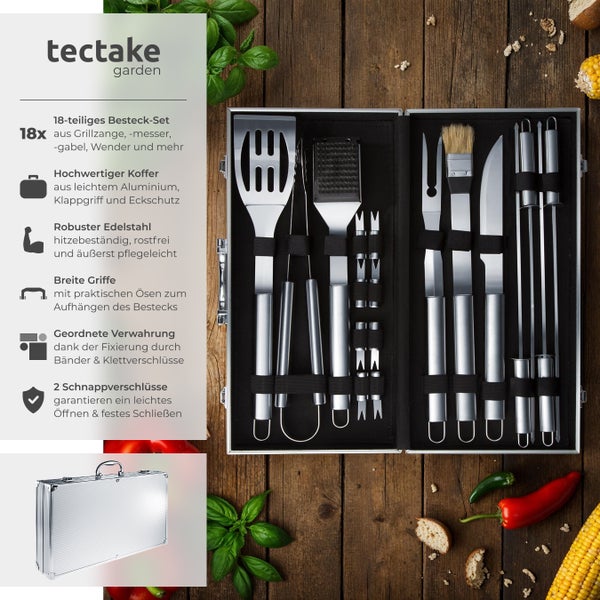 Grillbesteck tectake  inklusive Aluminiumkoffer aus Edelstahl grau