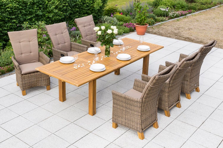 Toskana Gartenmöbelset 7tlg., Hochlehner durch Gasdruck verstellbar, inkl. Auflagen, Doppelausziehtisch 180 (220/260) x 100 cm