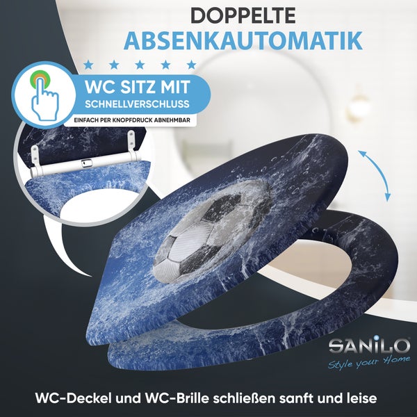 WC Sitz mit Fussball Motiv und Absenkautomatik sowie Schnellverschluss Sanilo Logo