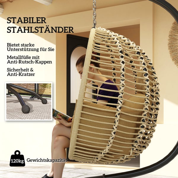 Hängesessel mit Detailansichten von Seitentasche, pulverbeschichtetem Metallrahmen und tragender Kette.
