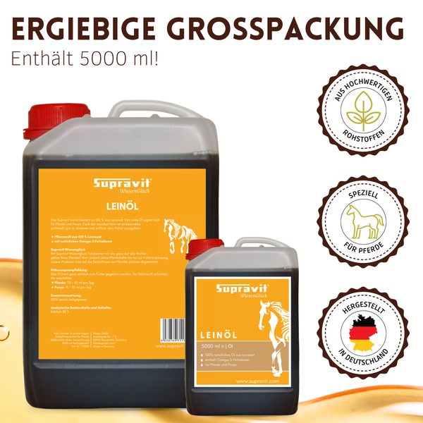 Supravit Wiesenglück Leinöl für Pferde und Ponys, 5000 Milliliter Kanister, 100 Prozent reines Leinöl aus Deutschland.