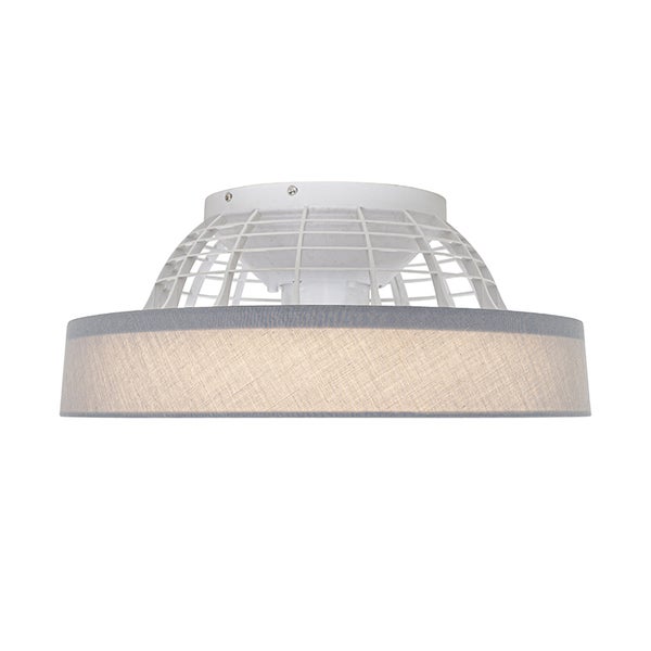 Deckenleuchte mit rundem Textilschirm und Metallgitter.