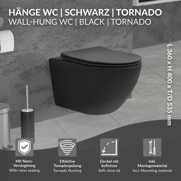LuxeBath Wand WC Spülrandlos, Schwarz matt, Tiefspüler Keramik Hänge WC lang 53,5 cm, Toilette ohne Spülrand mit Nano Beschichtung, Tornadospülung, Kloschüssel Hängend mit WC-Sitz Absenkautomatik