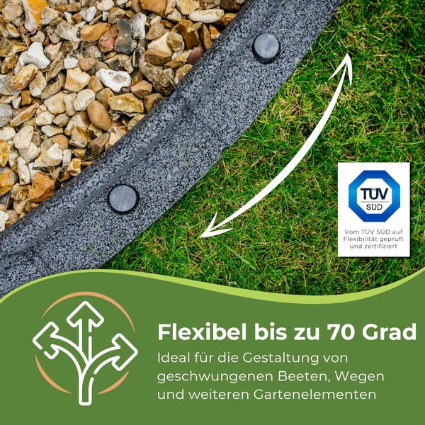 FlexiBorder (Braun, 6 Meter) - flexible Rasenkante, Komplettset, biegbar bis 70°, recycelte Rohstoffe, speziell geeignet für kinderfreundliche Gärten, wetterfest, rasenmäherfreundlich, einfache Installation
