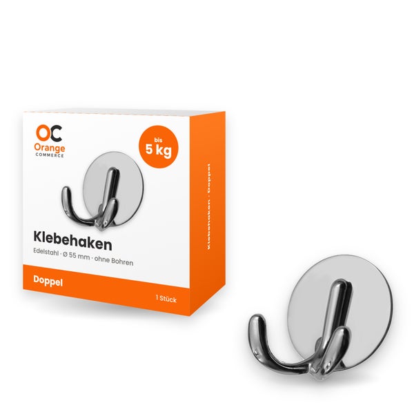 Doppel Klebehaken aus Edelstahl mit 55 Millimeter Durchmesser für bis zu 5 Kilogramm Traglast von Orange Commerce Logo