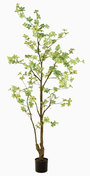 Künstlicher Baum im schwarzen Topf mit grünen Blättern und naturgetreuem Stamm.