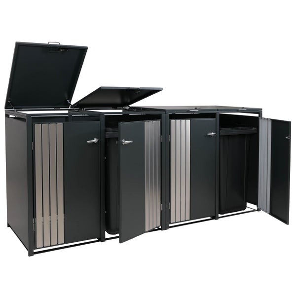 Mülltonnenbox für drei Mülltonnen mit teilweise geöffneten Türen und Deckeln