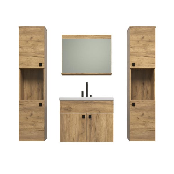 Badezimmermöbel Set in Holzoptik mit Waschtisch, Waschbecken, Spiegel und zwei Hochschränken im modernen Design.