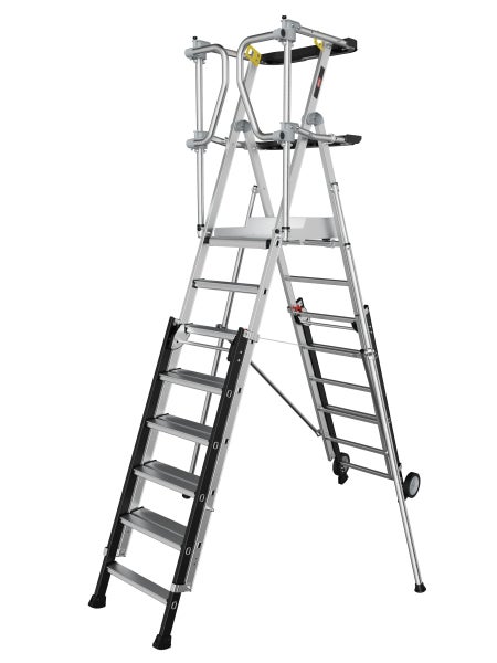 Aluminium Treppenturm mit Plattform und Geländer für sicheres Arbeiten in der Höhe.