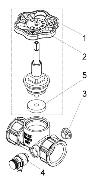 Technische Zeichnung eines Absperrventils in Explosionsdarstellung mit nummerierten Einzelteilen wie Handrad, Ventiloberteil und Dichtung.