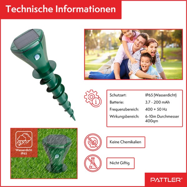 PATTLER® Maulwurf Vertreiber 2er Set - Effektiv Maulwurf vertreiben auf ca. 800m² - Flexible Verwendung durch Solarmodul - innovatives Schraubdesign erhöht Effektivität